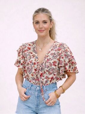 New Large Free People Call Me Later Printed Bodysuit In Sweet Combo Large